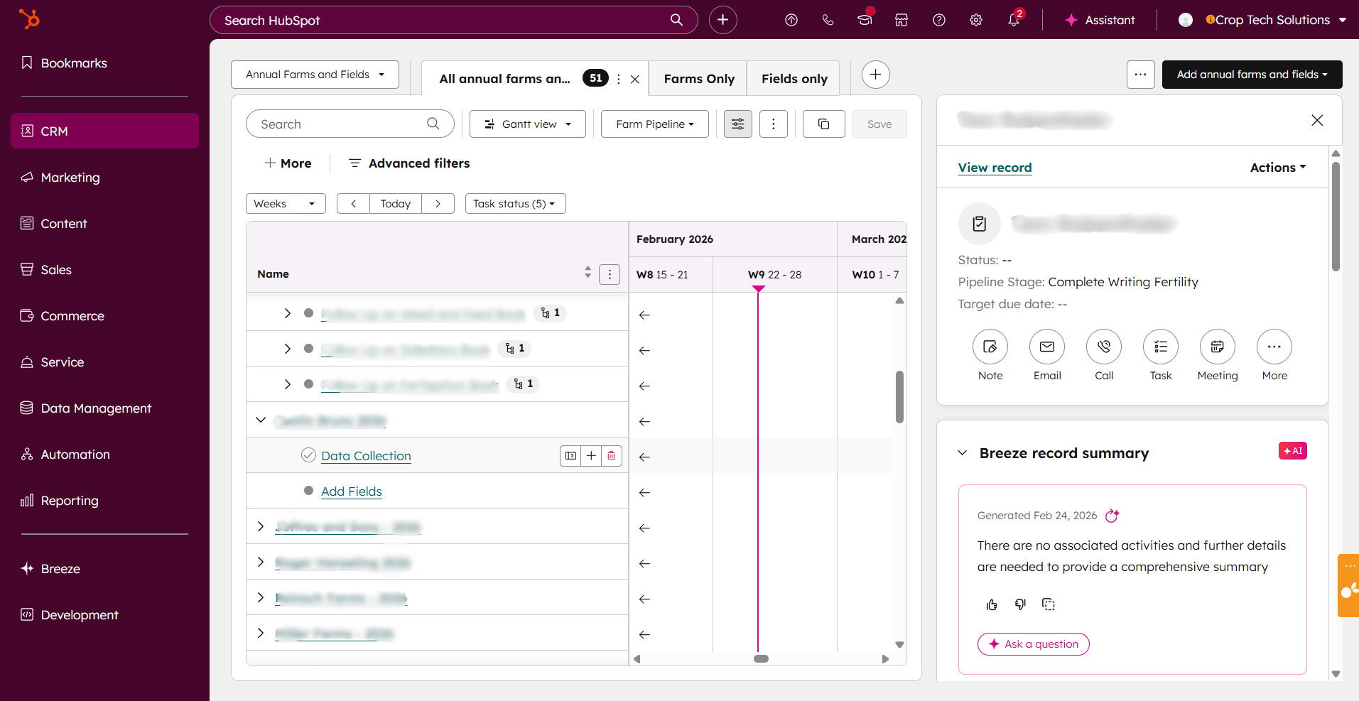 Screenshot of Crop Tech's Project Data Model. Information has been blurred to protect company privacy.