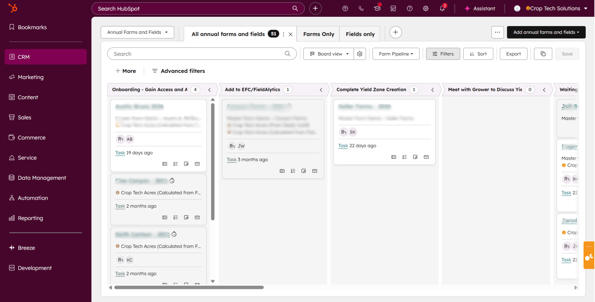 CropTech Pipeline Screenshot. Some information has been blurred to protect company privacy. 