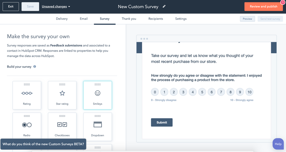 new custom surveys 2022 for hubspot