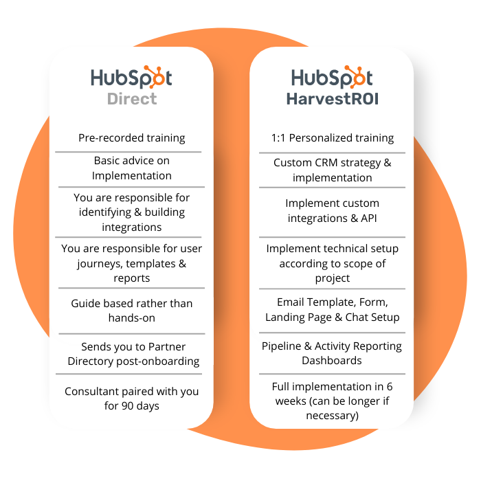 hubspot direct onboarding vs hubspot partner onboarding with harvestroi